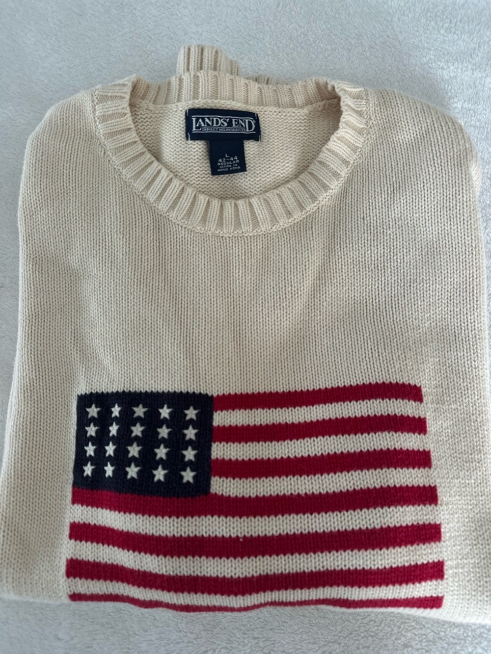 Lands' End Cream Crewneck Sweater with American Flag Knit